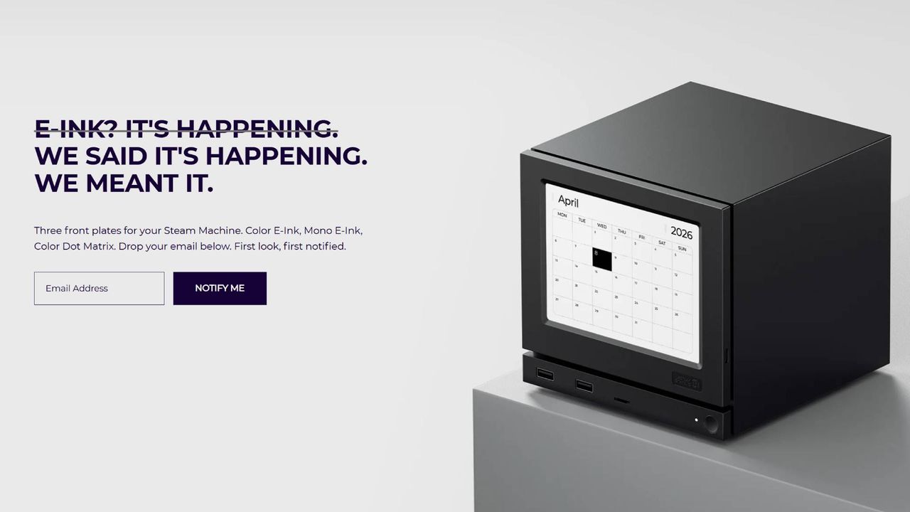 Screenshot of Jsaux Steam Machine faceplate landing page with monochrome e-ink version with text that reads "We said it's happening. We meant it alongside email box.