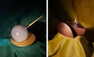 Two images. Left, a smoking pipe made of a glass globe and a wooden pipe. Right, a large burgundy table light on a gold cloth.