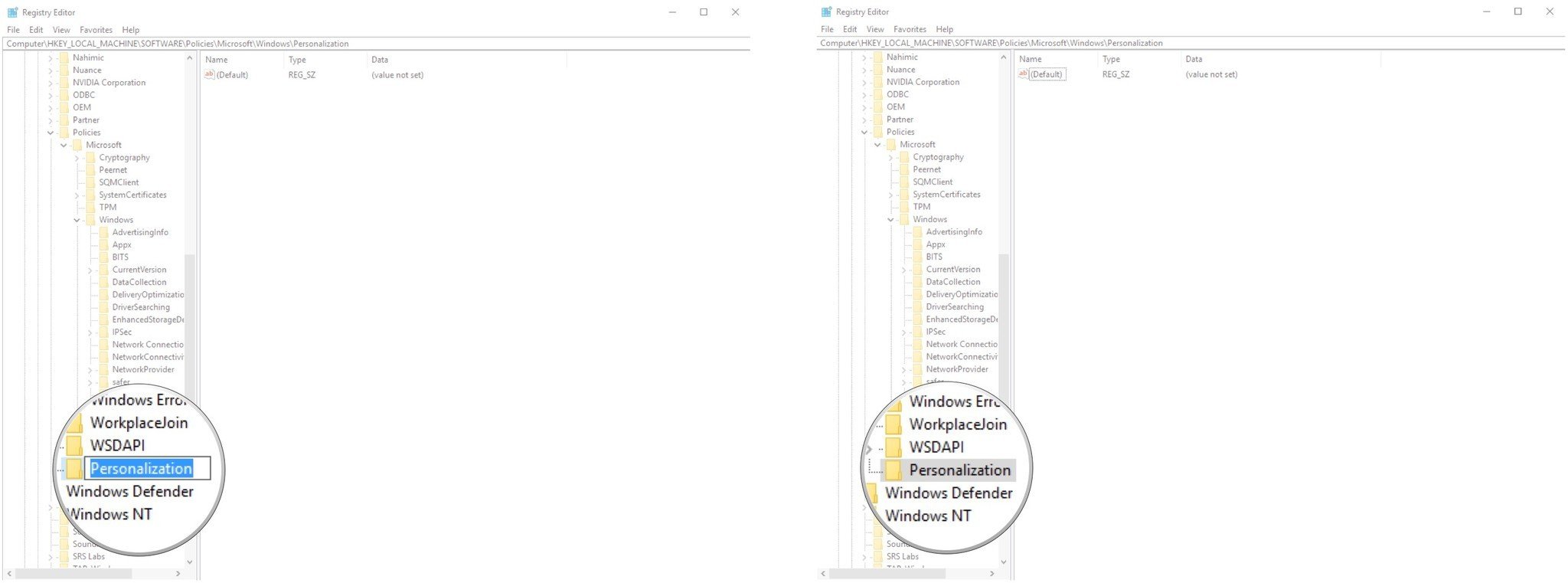 Type Personalization and hit Enter. Right-click the Personalization key you just created.