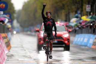 CESENATICO ITALY OCTOBER 15 Arrival Jhonnatan Narvaez Prado of Ecuador and Team INEOS Grenadiers Celebration during the 103rd Giro dItalia 2020 Stage Twelve a 204km stage from Cesenatico to Cesenatico girodiitalia Giro on October 15 2020 in Cesenatico Italy Photo by Tim de WaeleGetty Images