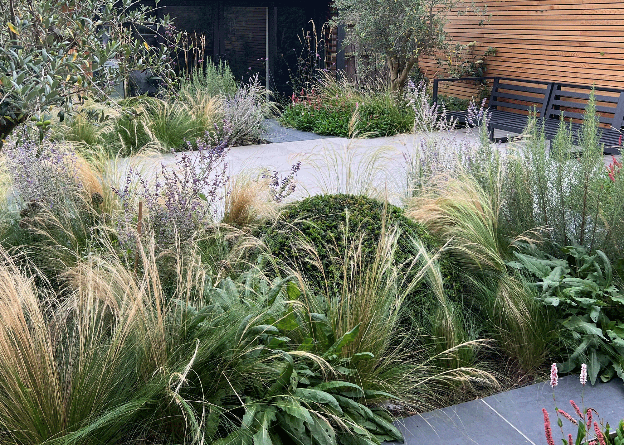 ornamental grasses and perennials planted in flowerbeds
