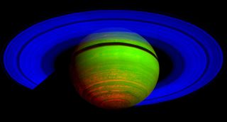 This false-color composite image, constructed from data obtained by NASA's Cassini spacecraft, shows Saturn's rings and southern hemisphere.