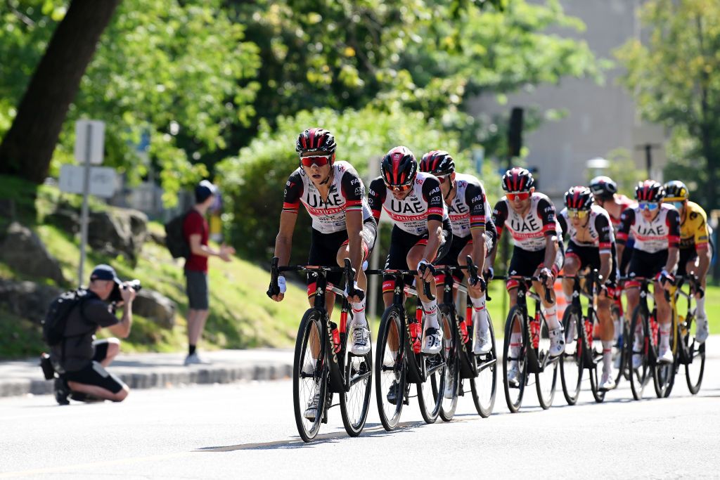 MONTREAL QUEBEC SEPTEMBER 11 LR Davide Formolo of Italy and Alessandro Covi of Italy and UAE Team Emirates lead the peloton during the 11th Grand Prix Cycliste de Montreal 2022 a 221km one day race from Montreal to Montreal GPCQM WorldTour on September 11 2022 in Montreal Quebec Photo by Dario BelingheriGetty Images