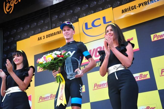 Stage 8 winner Chris Froome (Sky) on the podium at Ax 3 Domaines