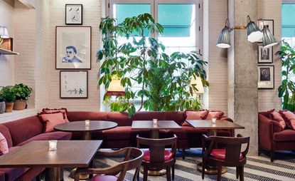 A restaurant dining area with wooden tables, wooden chairs, burgundy sofa's, wall shelves, potted plants and large windows.