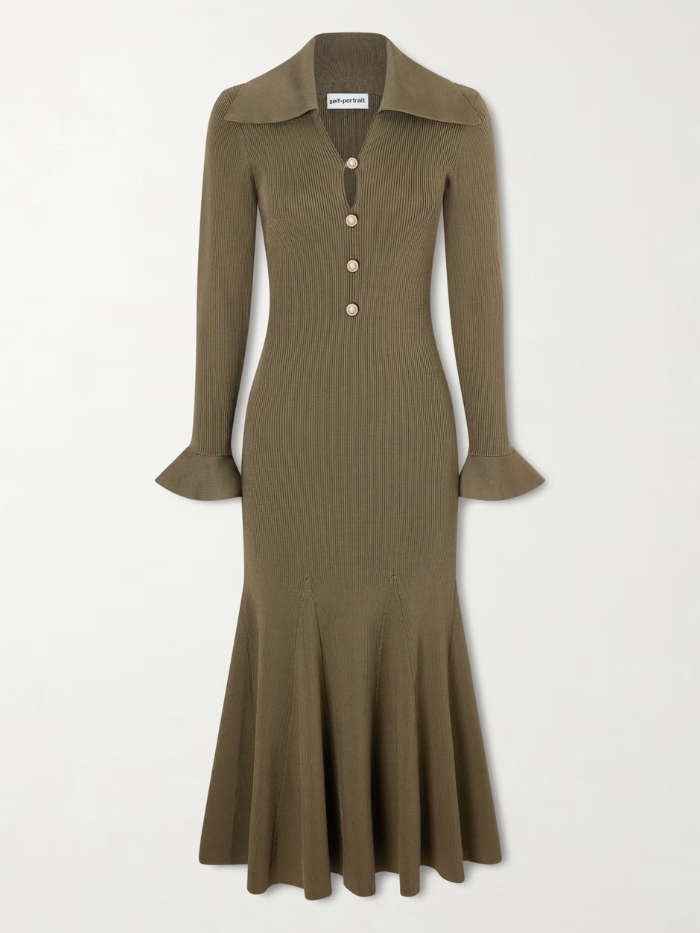 Embellished Ribbed-Knit Midi Dress