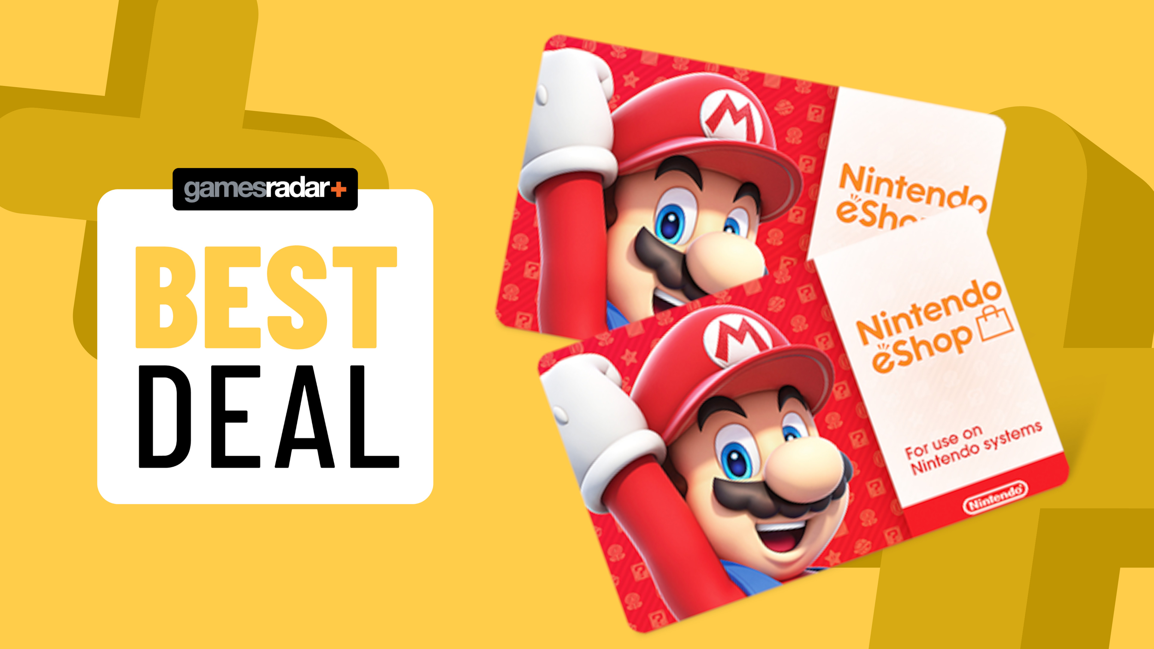 Nintendo eShop gift cards on a yellow background with best deal badge
