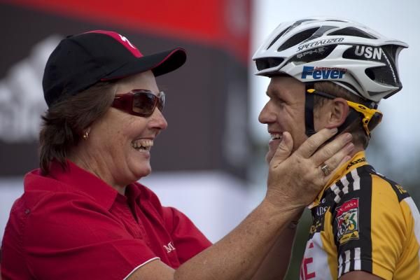 Burry Stander of team 36One Songo-Specialized is congratulated by his Mum (Mandie)