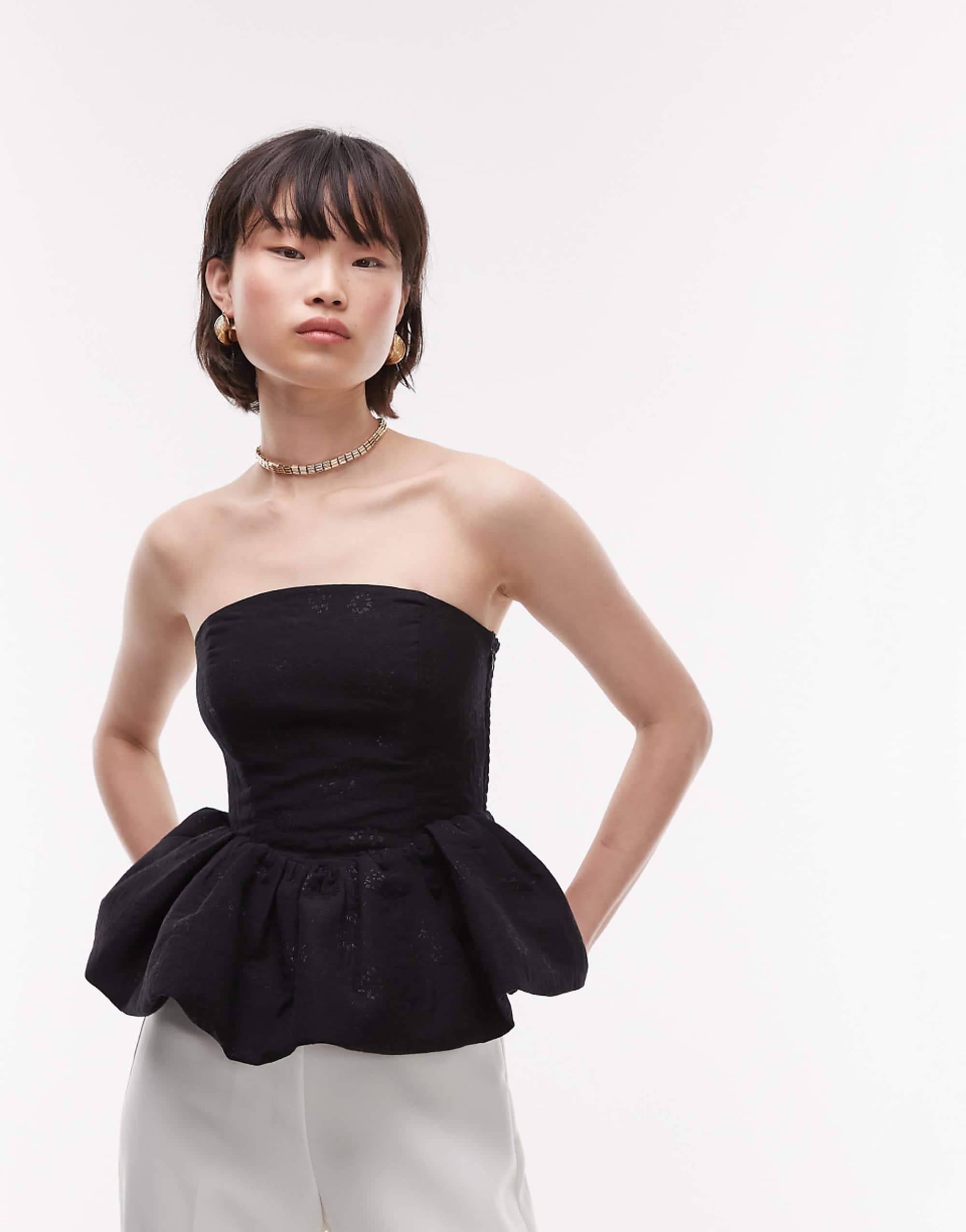 &amp; Other Stories Metallic Floral Brocade Bandeau Top With Puffball Hem in Black