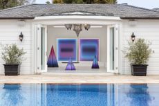 Design Miami LA in Los Angeles, featuring pyramid-like displays inside Holmby Hills Estate