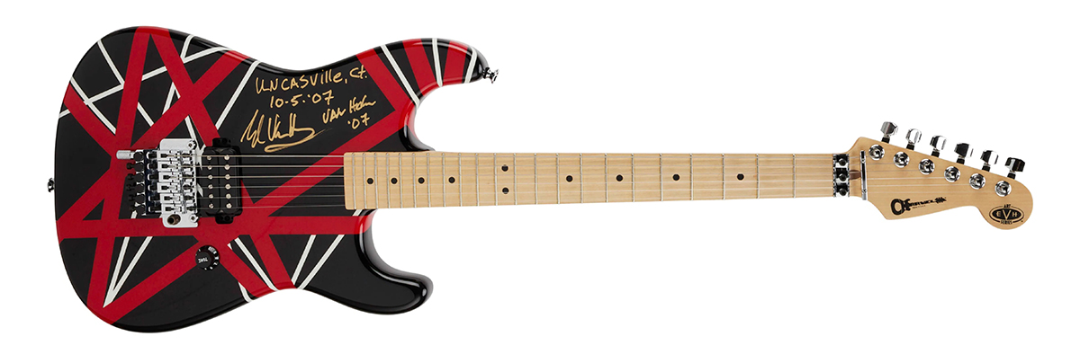 EVH Stage Played and Signed Charvel Art Series Guitar, Black with Red and White Stripes with Photos