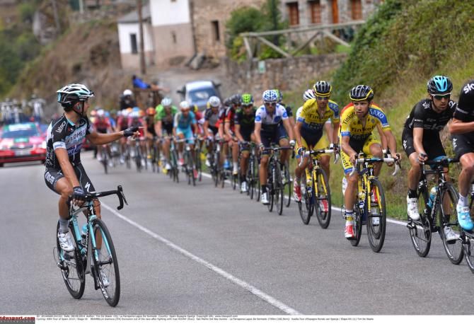 Gianluca Brambilla (Omega Pharma-Quick Step) gestures to Ivan Rovny (Tinkoff-Saxo). Both riders were disqualified for fighting