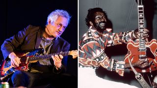 Marc Ribot is seated and plays a Fender Jaguar [left]; Chuck Berry plays a red Gibson ES-335.