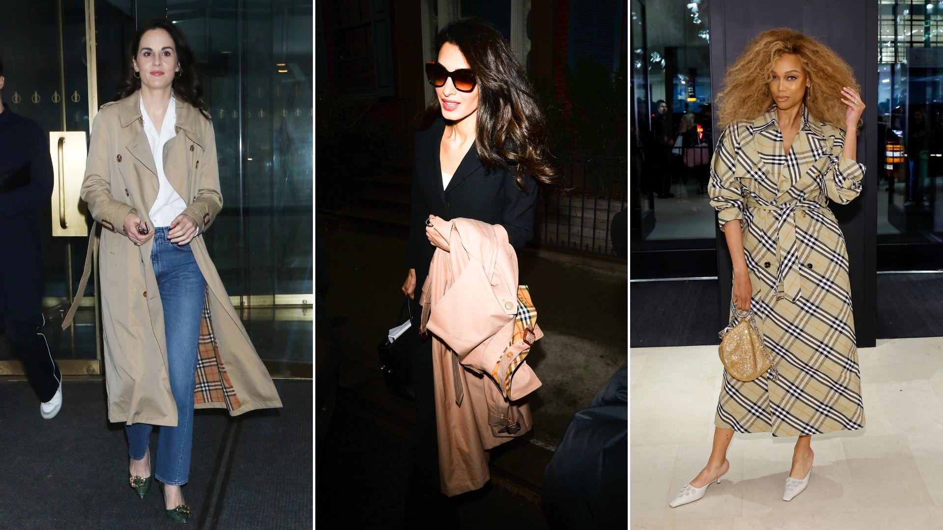 Michelle Dockery, Amal Clooney and Tyra Banks wearing Burberry trench coats 