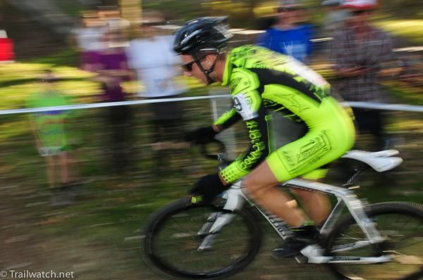 A racer flying across one of the flat sections of the new course