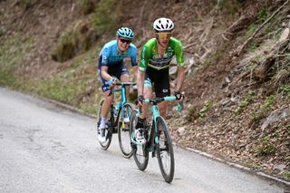 PIEVEDIBONO ITALY APRIL 22 Simon Yates of United Kingdom and Team BikeExchange green leader jersey Aleksander Vlasov of Russia and Team Astana Premier Tech attack on breakaway during the 44th Tour of the Alps 2021 Stage 4 a 1686 to stage from Naturns to Valle del Chiese Pieve di Bono TourofTheAlps TouroftheAlps on April 22 2021 in Pieve di Bono Italy Photo by Tim de WaeleGetty Images