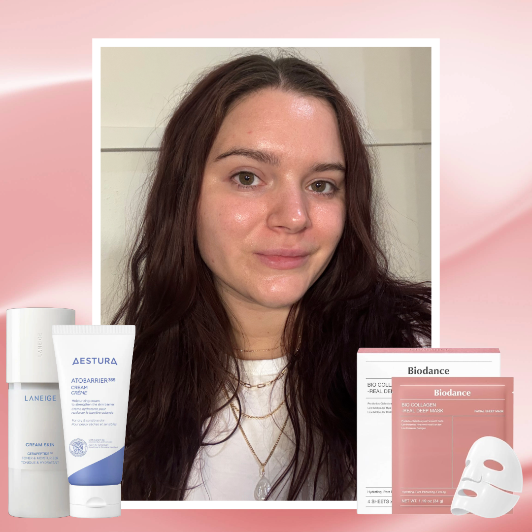 Brooke knappenberger headshot with white border on light pink texture background with BIODANCE Bio-Collagen Real Deep Masks, LANEIGE Cream Skin Toner & Moisturizer, Aestura Atobarrier365 Cream With Ceramides