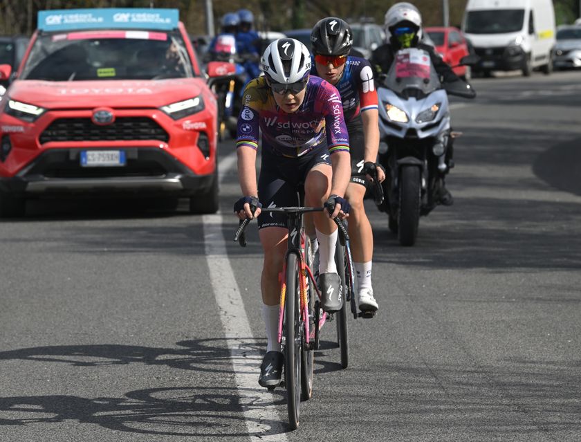 SIENA, ITALY - MARCH 08: Anna Van Der Breggen of Netherlands and Team SD Worx - Protime competes in the breakaway during the 11st Strade Bianche 2025, Women&#039;s Elite a 136km one day race from Siena to Siena 320m / #UCIWWT / on March 08, 2025 in Siena, Italy. (Photo by Dario Belingheri/Getty Images)