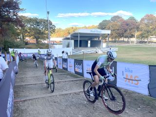 Maghalie Rochette rides ahead of Katie Clouse in the C1 elite women's contest at the 2024 Really Rad Festival of Cyclocross