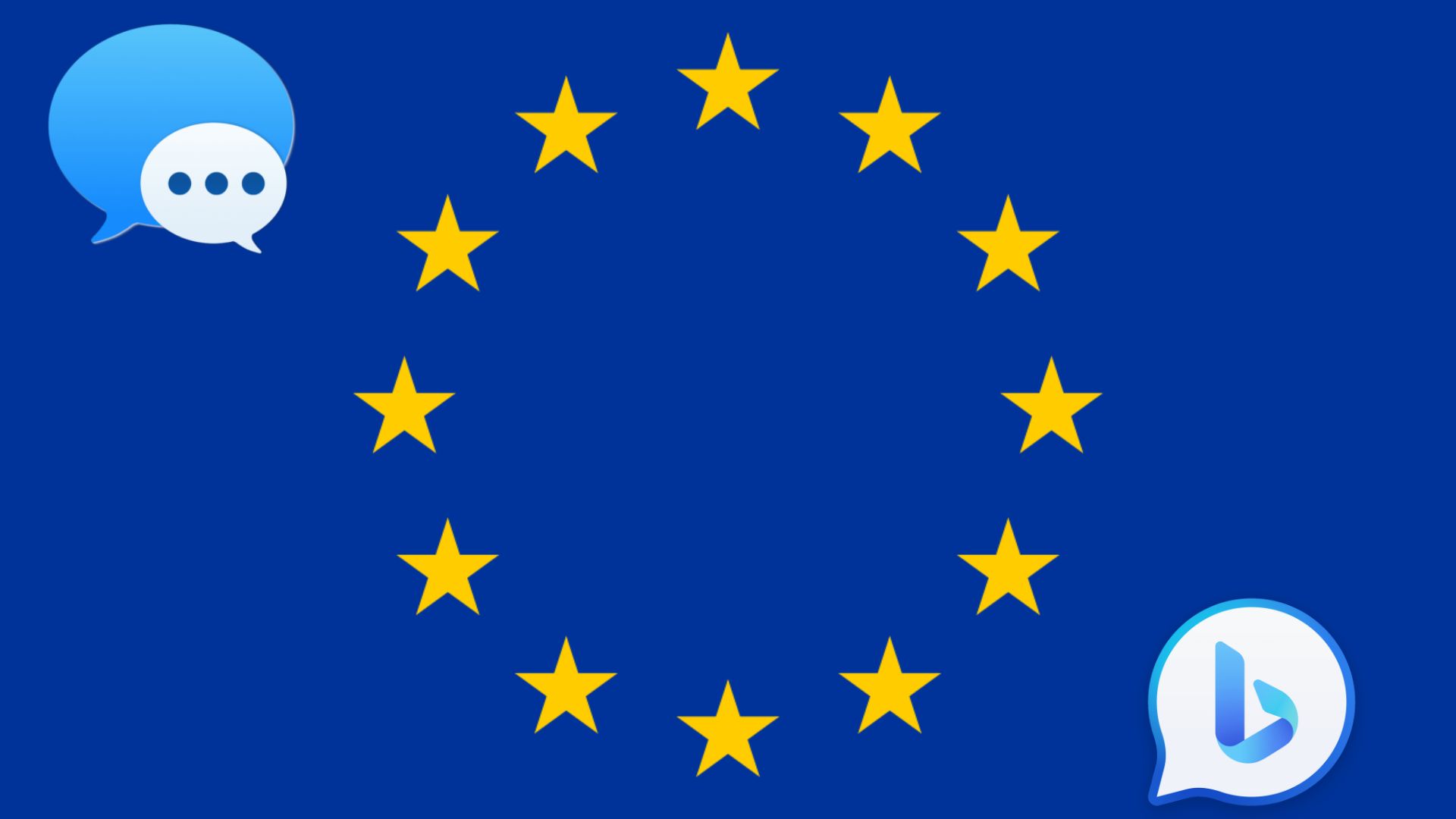 Bandera de la UE con logotipos de iMessage y Bing