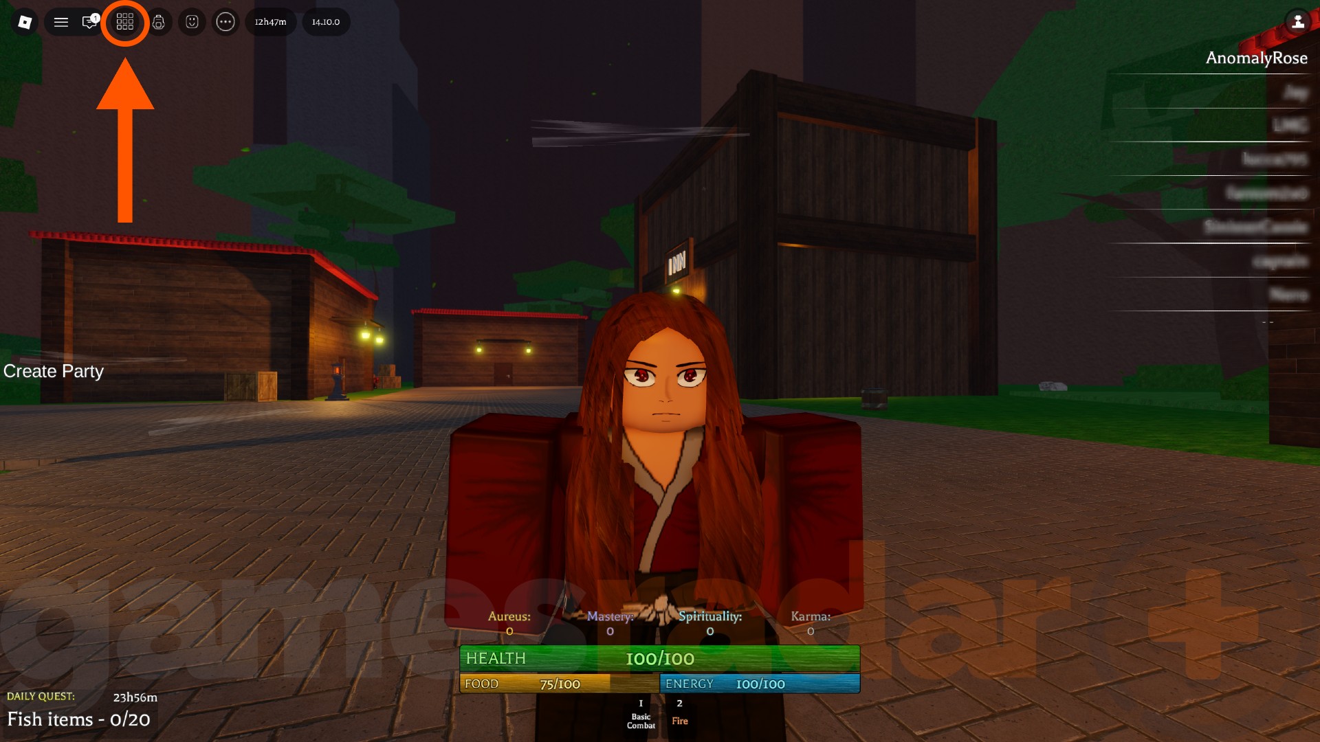 An orange arrow points to the menu icon where you can redeem Elementalism codes.