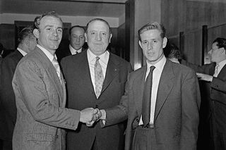 Real Madrid president Santiago Bernabeu (centre) with Alfredo Di Stefano (left) and Raymond Kopa in 1956.