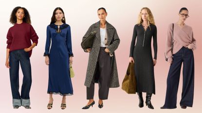 Various models wearing different outfits from British clothing brands