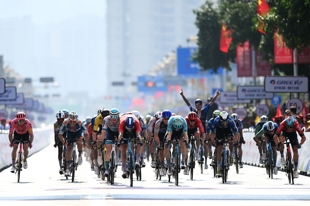 Vernon's Israel-Premier Tech team celebrate him winning stage 4