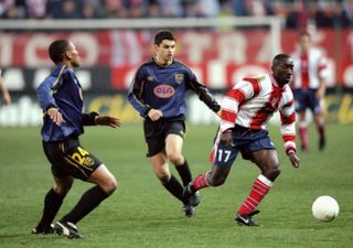 Jimmy Floyd Hasselbaink in action for Atletico Madrid against Lens in 2000.
