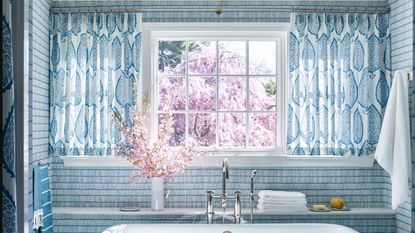 bathroom with fabric curtains