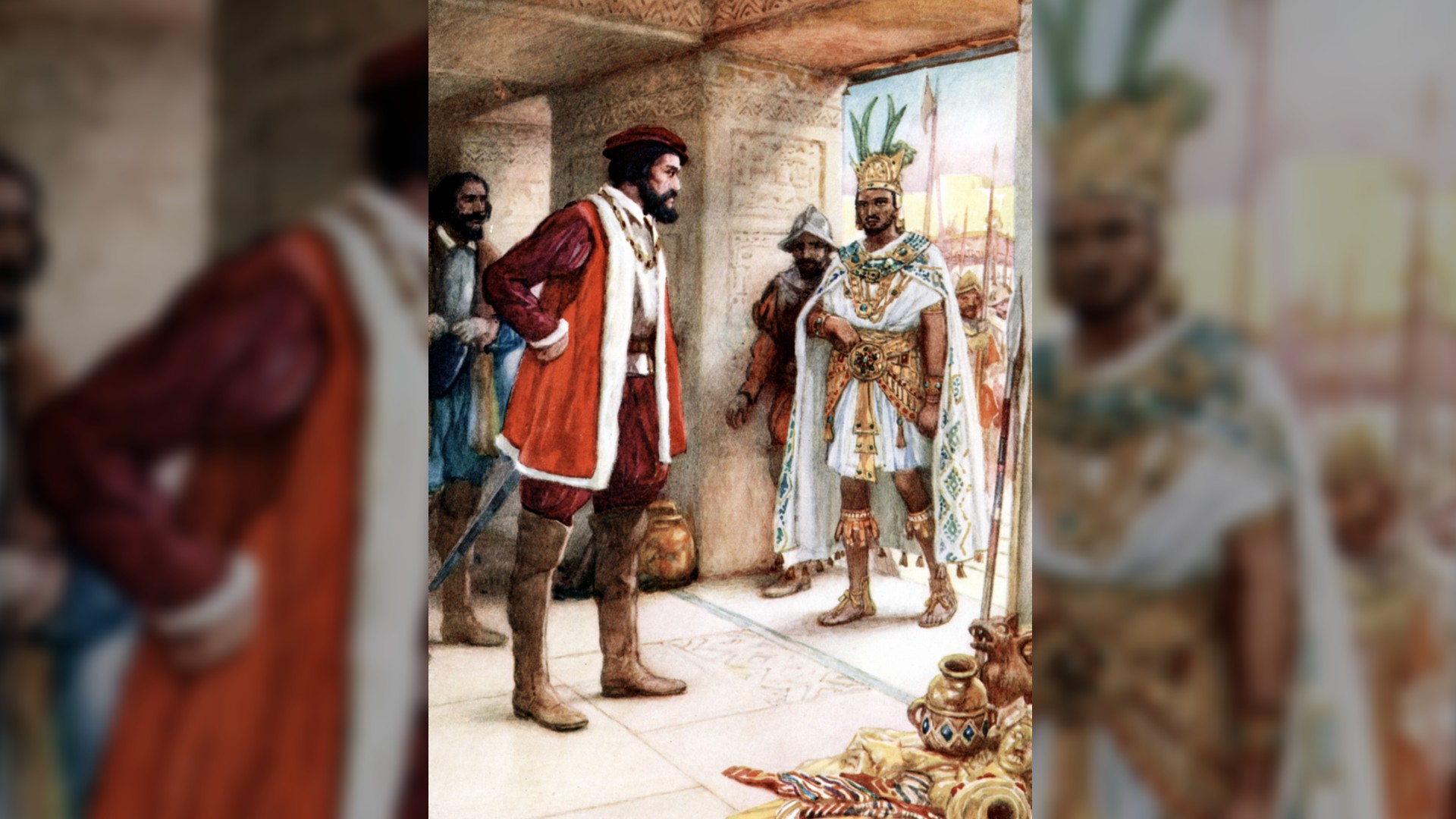 A painting of Hernando Cortez with Aztec Emperor Montezuma II. On the left is Hernando wearing red trousers, red shirt and a red waistcoat lined with white fur. On the right, standing in a doorway, is the Aztec Emperor Montezuma II. He is wearing a white tunic and long white cape. HE is adorned with a lot of gold, found on his belt, neck, sandels and his helmet. On the floor there are some treasures such as pots and fabrics.