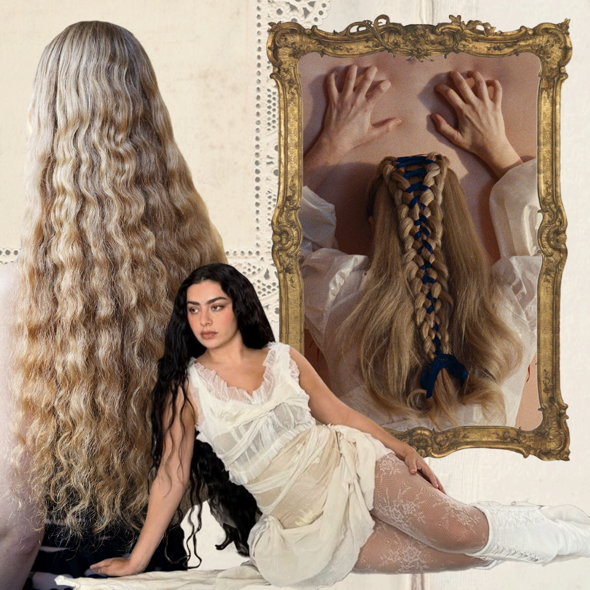 A collage of images including Charli XCX, Margot Robbie, FKA Twigs, and Chase Infiniti, plus backstage images of models from Alainpaul&rsquo;s S/S 26 show.