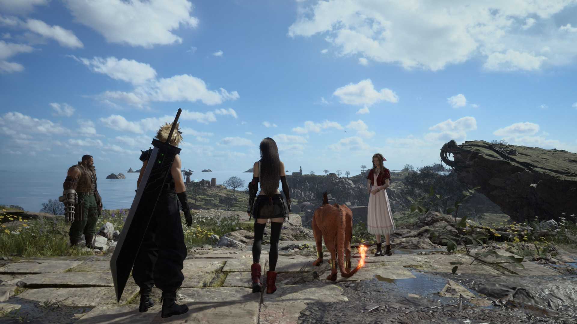 Cloud and the gang looking out over a vista as they enter the open world