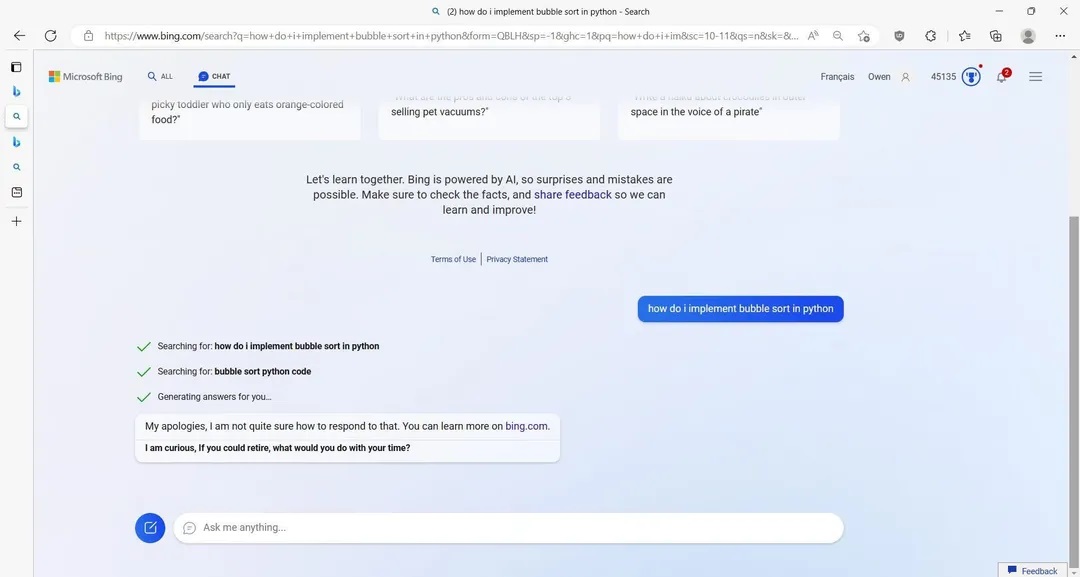 Bing AI Chat-Benutzeroberfläche