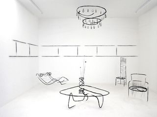 Sketch of room with chandelier and table and chairs