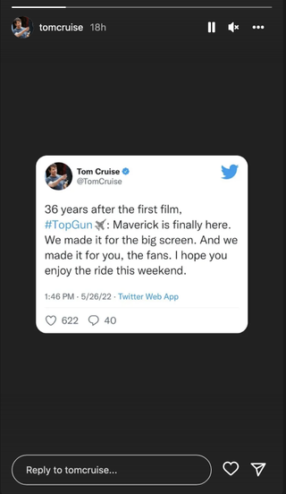Tom Cruise's Instagram story thanking fans for Top Gun: Maverick