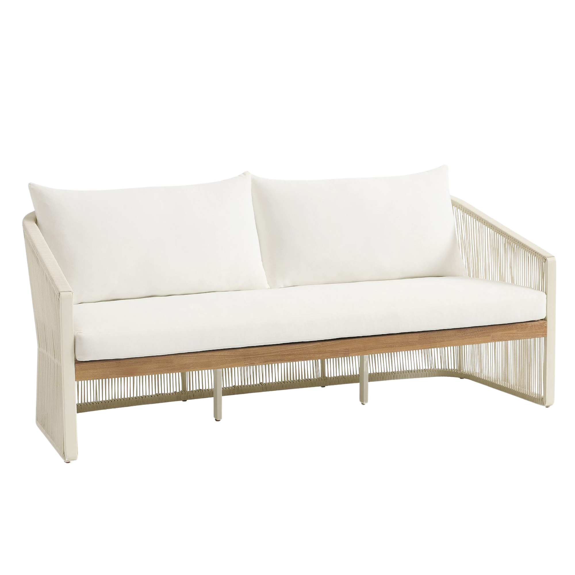 outdoor sofa with rope sides and white cushions