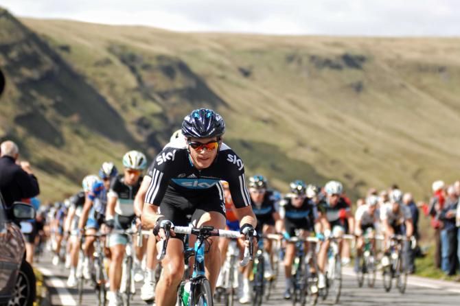Ben Swift (Team Sky) leads bunch through Welsh hills in 2011