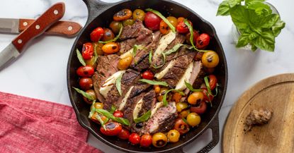 best cast iron skillet lodge One-Pan Steak Caprese with Fresh Basil and Blistered Heirloom Tomatoes