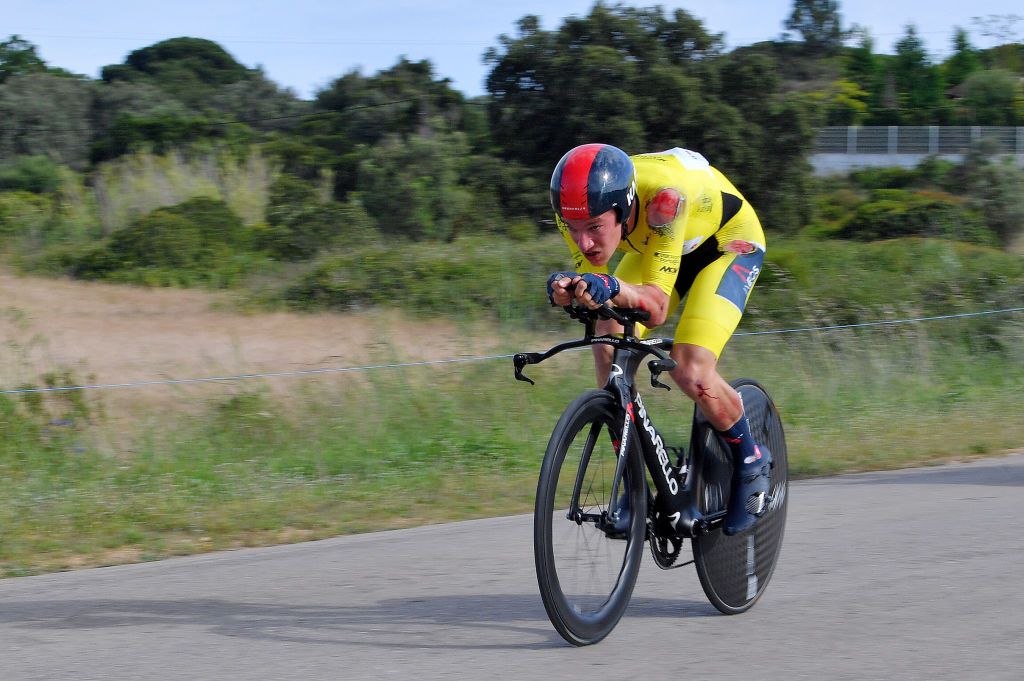LAGOA PORTUGAL MAY 08 Ethan Hayter of United Kingdom and Team INEOS Grenadiers yellow leader jersey during the 47th Volta Ao Algarve 2021 Stage 4 a 203km Individual Time Trial stage from Lagoa to Lagoa Crash Injury ITT VoltAlgarve VAlgarve2021 on May 08 2021 in Lagoa Portugal Photo by Luc ClaessenGetty Images