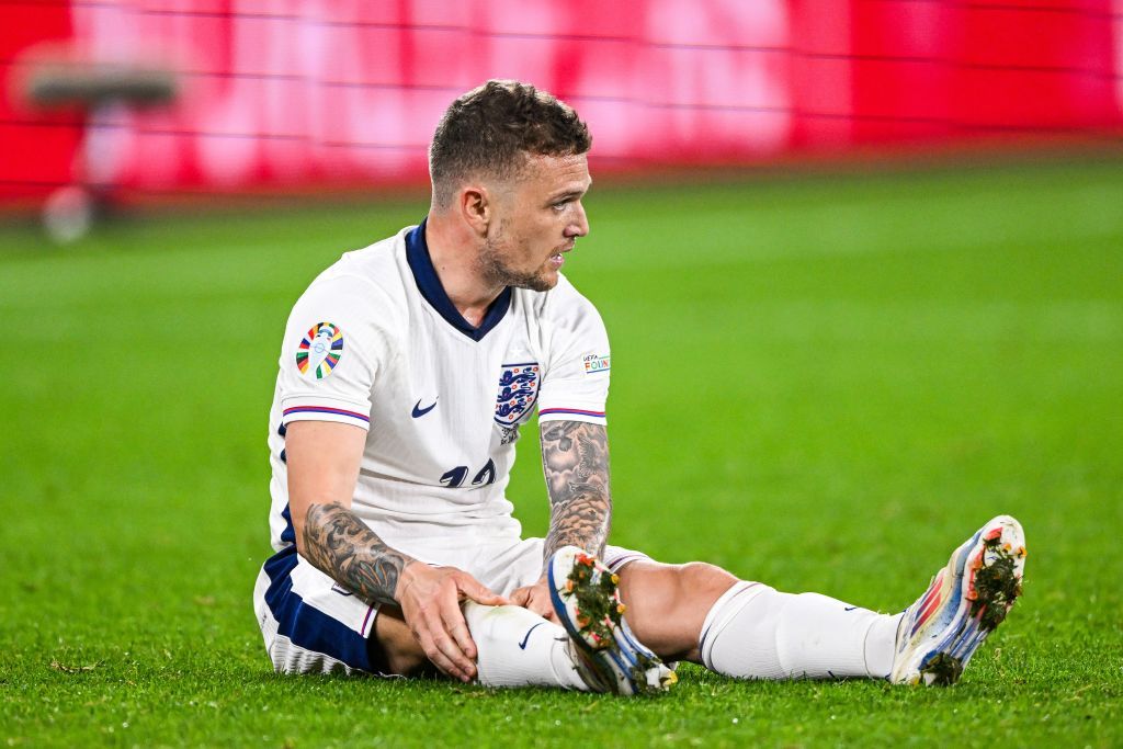 Injury to Kieran Trippier of England during the UEFA EURO 2024 group C match between Serbia and England at Veltins Arena on June 16, 2024 in Gelsenkirchen, Germany.