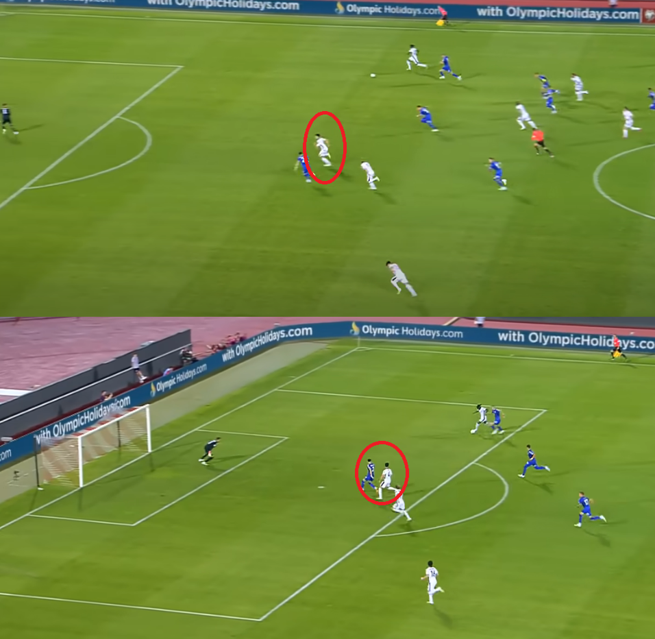 Declan Rice makes a centre-forward&#039;s run into to Serbia box to help make space for Noni Madueke to cut inside from the wing