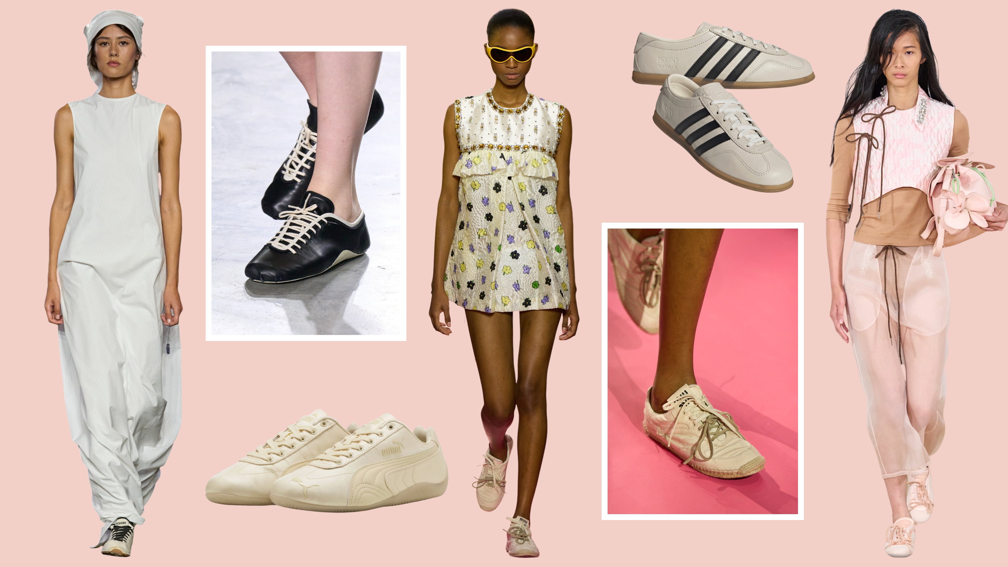 collage of slim sneakers from the spring 2026 runways; collage of slim sneakers from Adidas and Puma 
