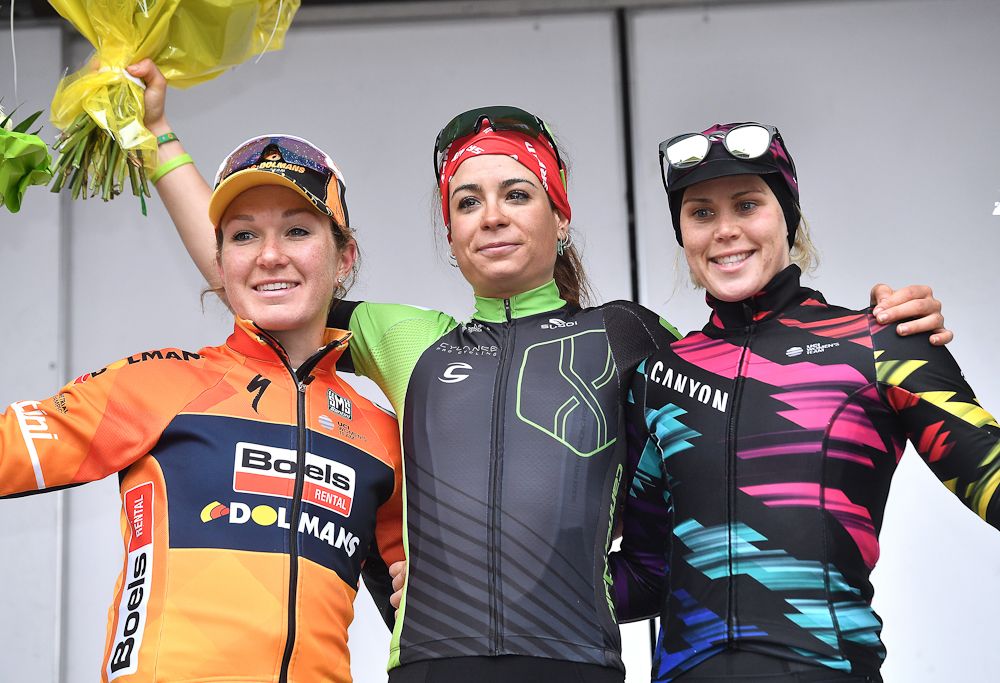 Amy Pieters, Sheyla Gutierrez and Tiffany Cromwell on the le Samyn podium