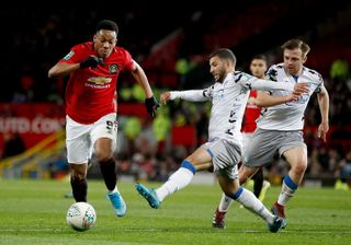 Manchester United’s Anthony Martial in action against Colchester