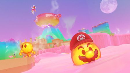 Super Mario Odyssey screenshot of Mario in the shape of a lavaball as he makes his way down a pink river