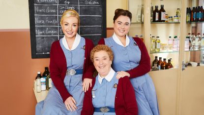 Call the Midwife starring Helen George as Nurse Trixie Franklin, Linda Bassett as Nurse Phyllis Crane, Megan Cusack as Nurse Nancy Corrigan