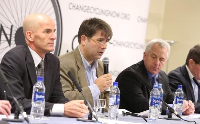 Michael Ashenden, Jaimie Fuller and Greg LeMond (L-R) at the Change Cycling Now press conference.
