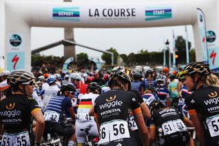 Riders line up for the second edition of La Course in Paris