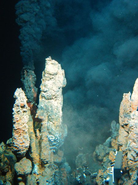 Black smoke rises vigorously at vents when the hot, chemically-altered seawater mixes with the cold, oxygenated bottom water. The hydrothermal alterations to seawater occurring at these relatively isolated locations affect the global ocean chemical budget